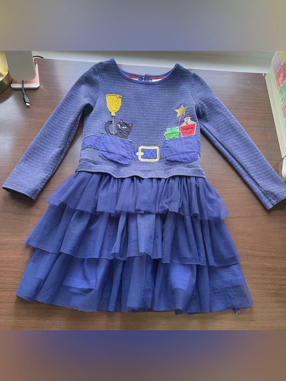 Mini Boden Navy Blue Layered Halloween Dress with Embroidered Pockets